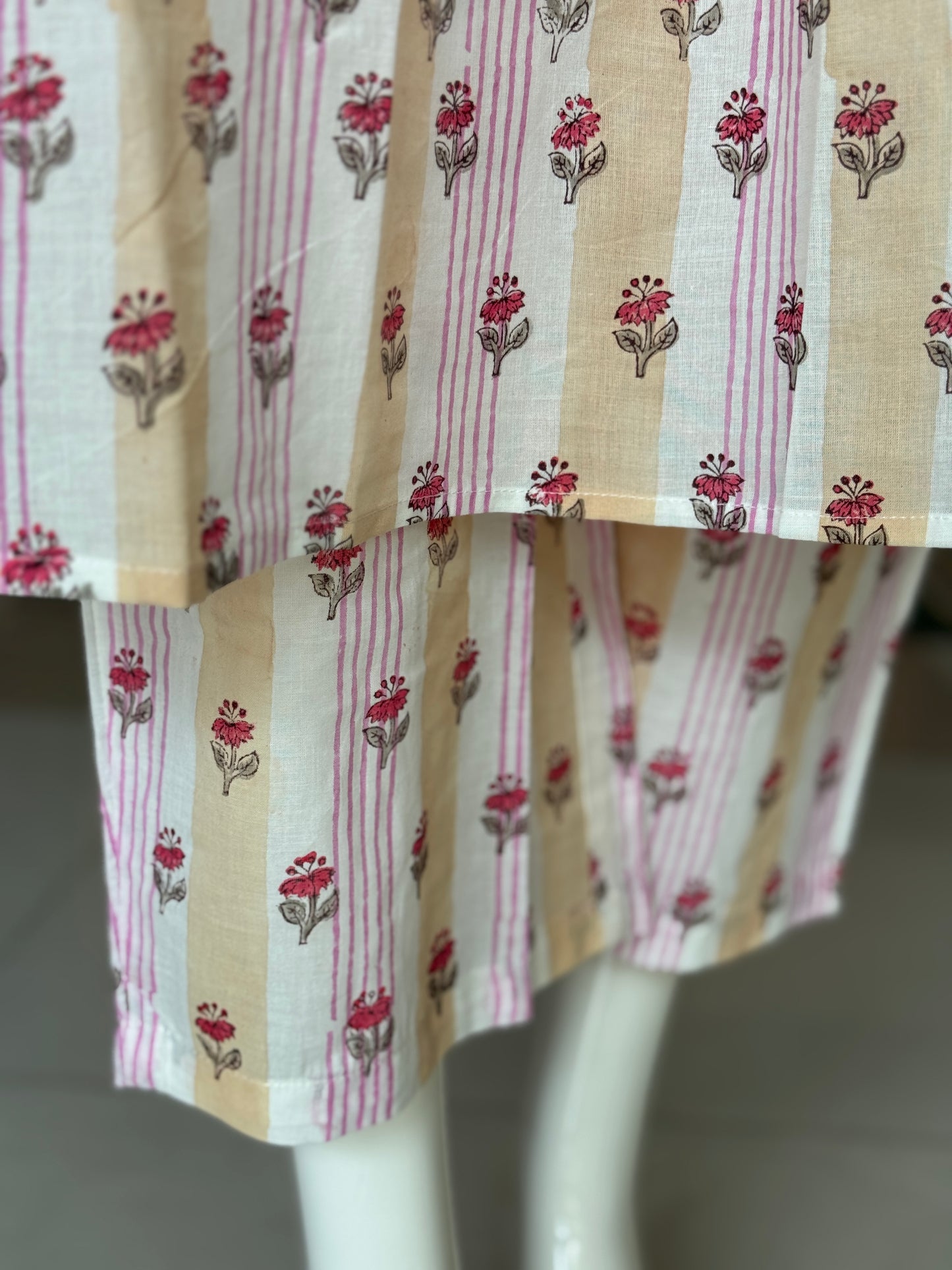 White stripes and flowers hand block printed cotton coord set - pintucks yoke
