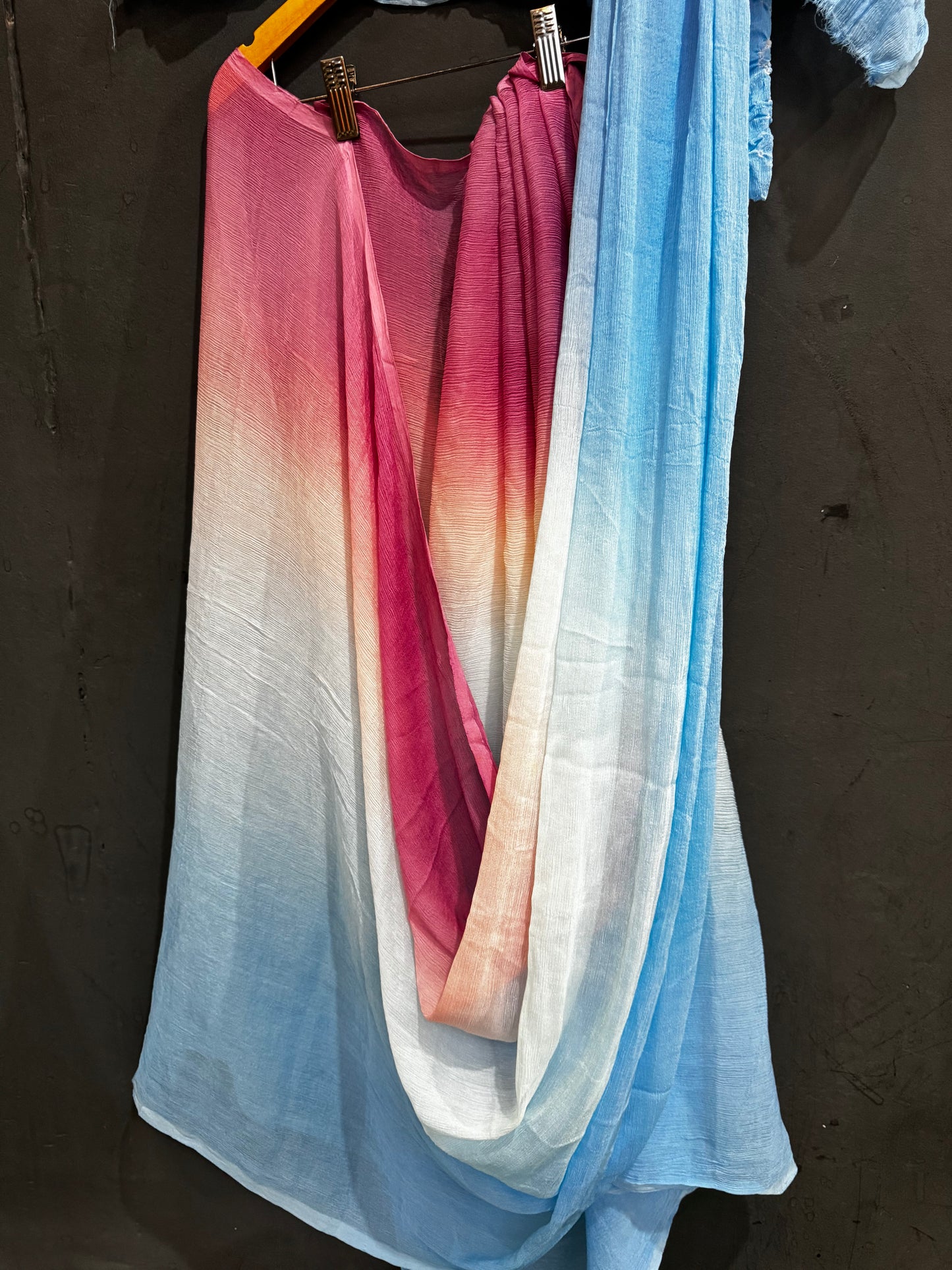 Blue and pink soft chiffon saree with bandini pallu and blue bandini blouse