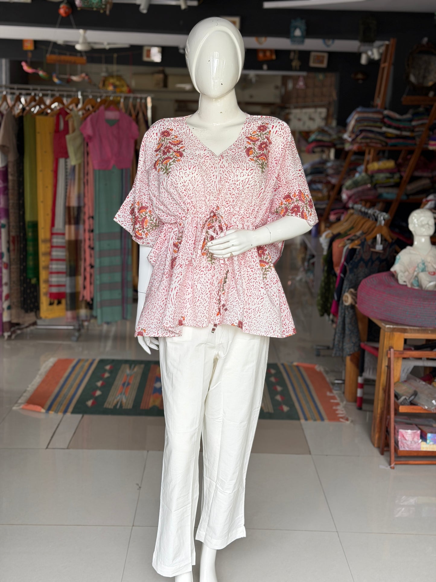 White animal print and flowers Kaftan top in cotton hand block prints and plain cotton pants - 2 piece set
