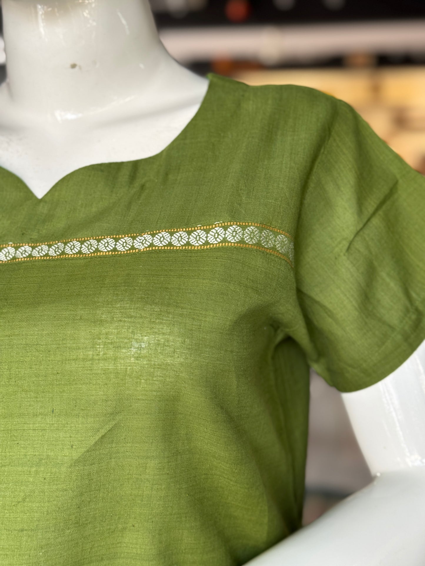 Green birds and tree hand painted, handwoven cotton top
