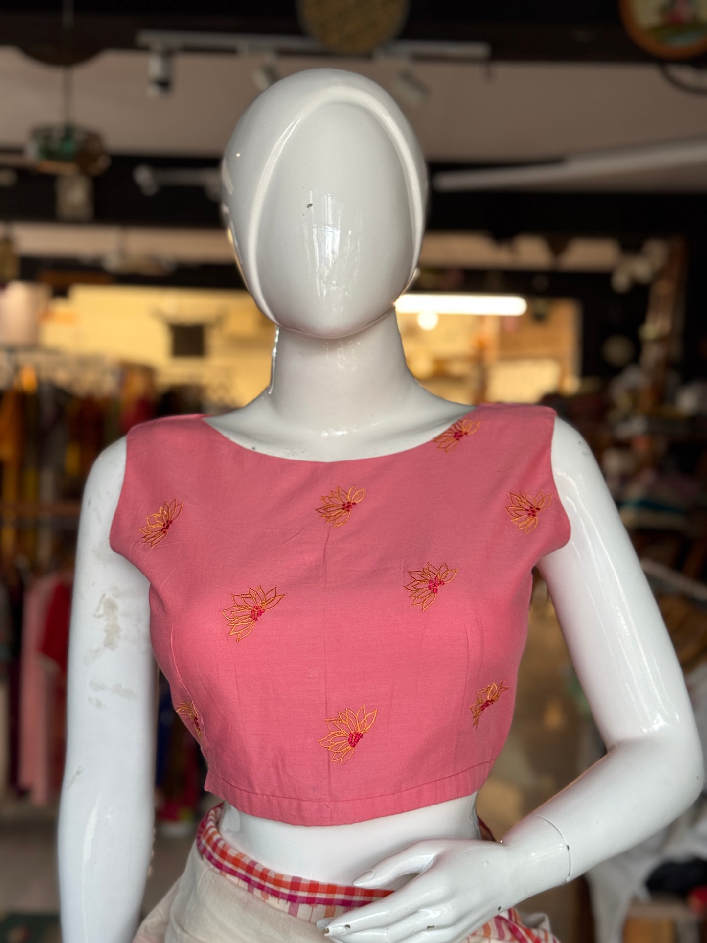 Pink cotton sleeveless blouse with floral machine embroidery - front boat neck, back v-neck