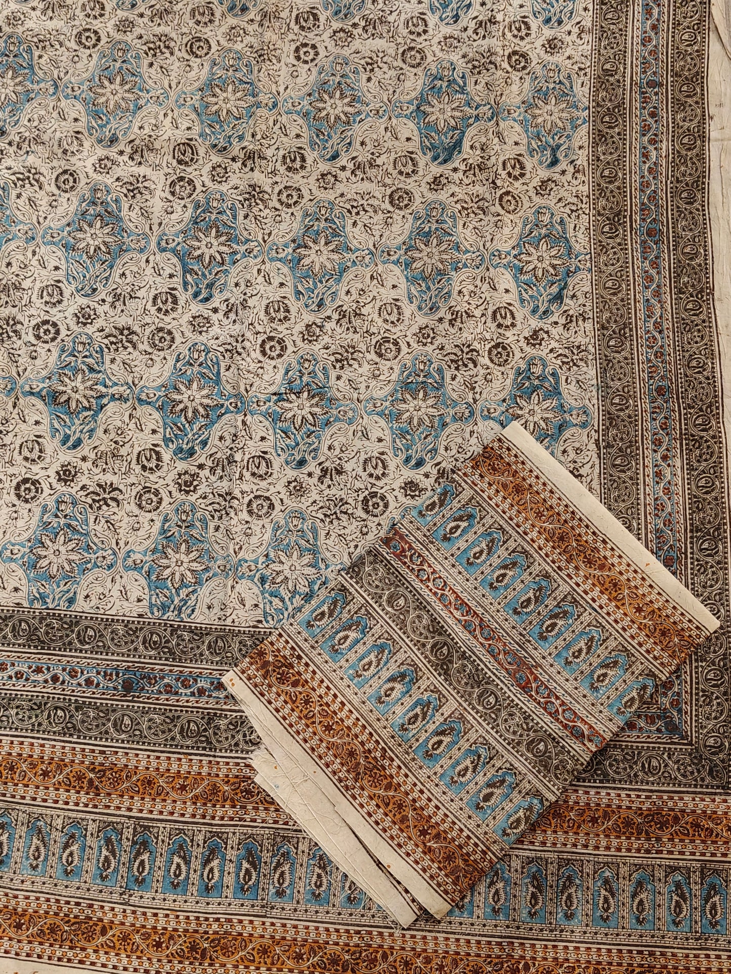 Blue and black design Kalamkari hand block printed cotton king size bedsheet + 2 pillow covers