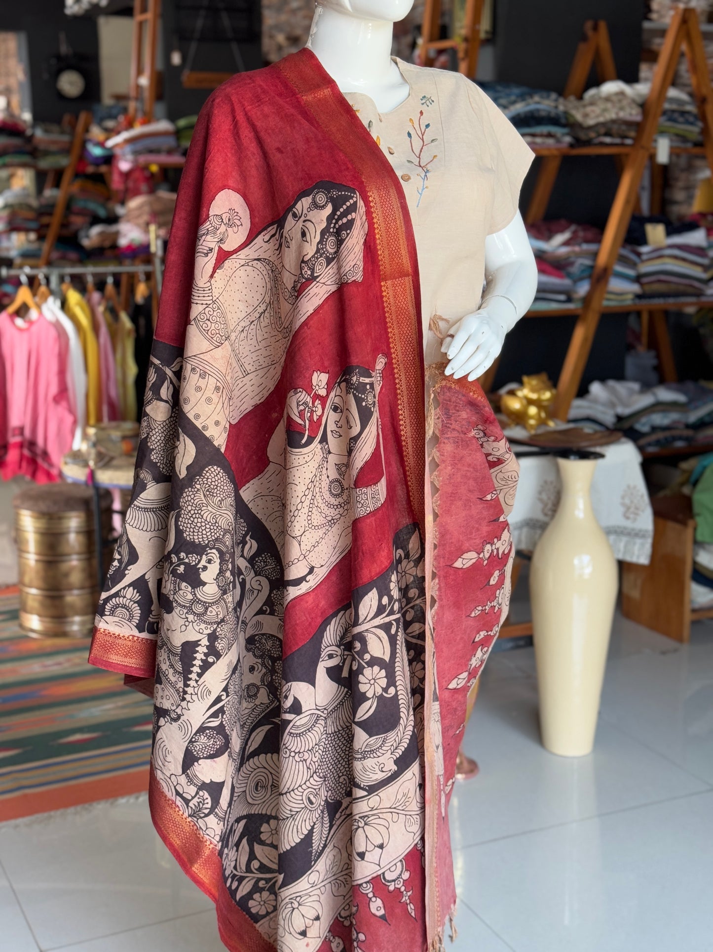 Pen Kalamkari hand painted cotton dupatta