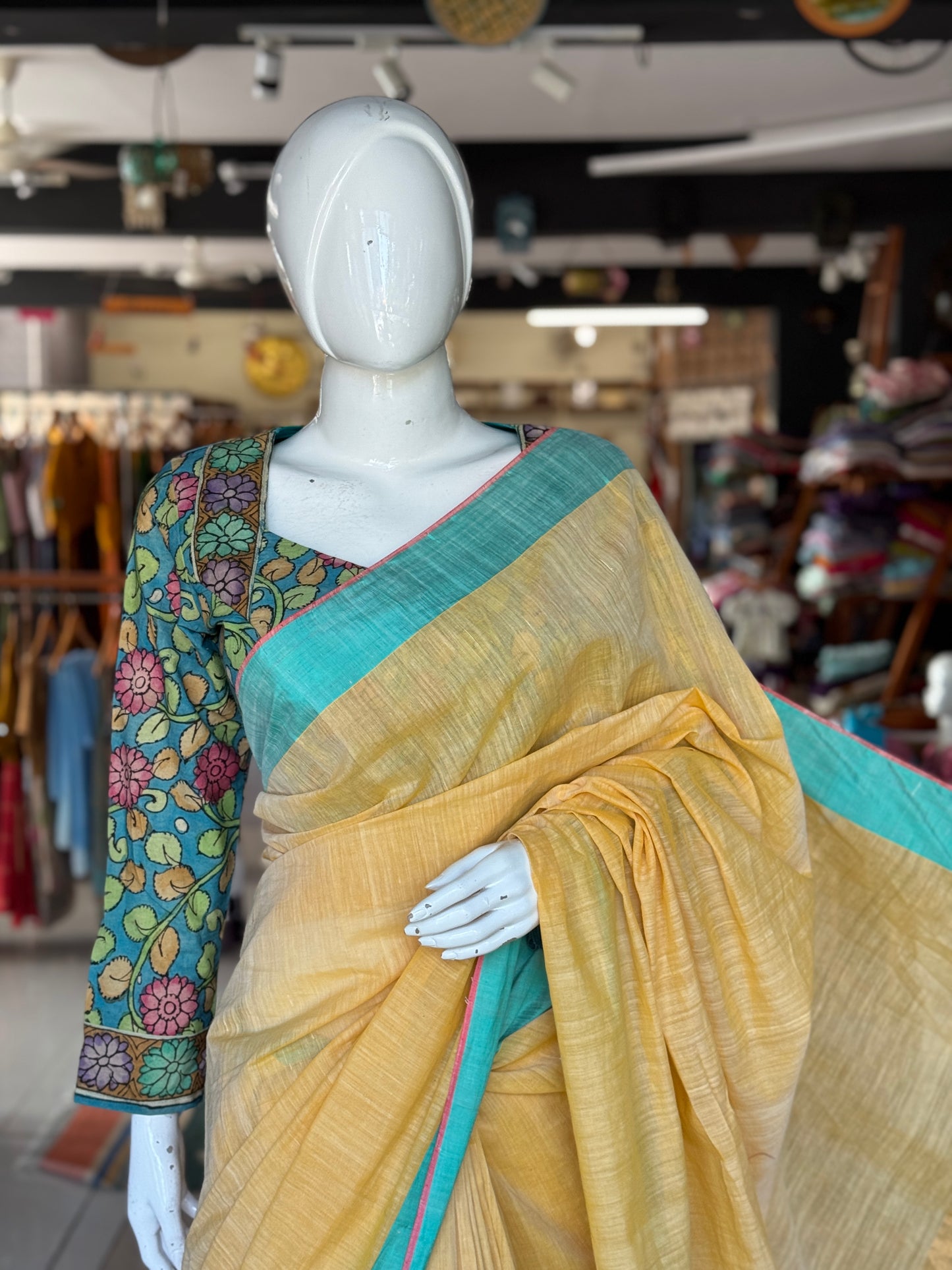 Blue Pen kalamkari hand painted cotton blouse with long sleeves