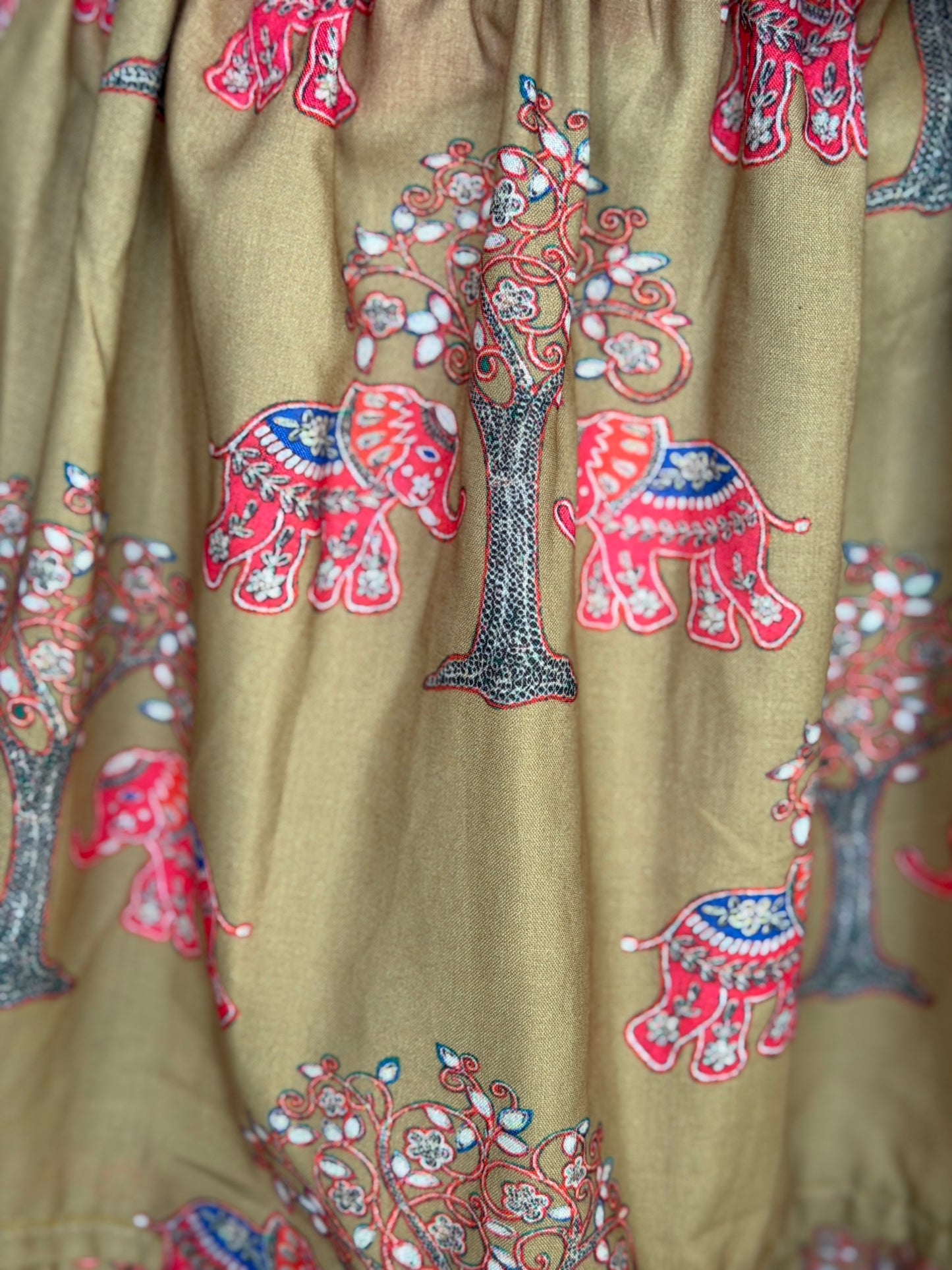 Knee length elephants and tree digital print Olive green skirt