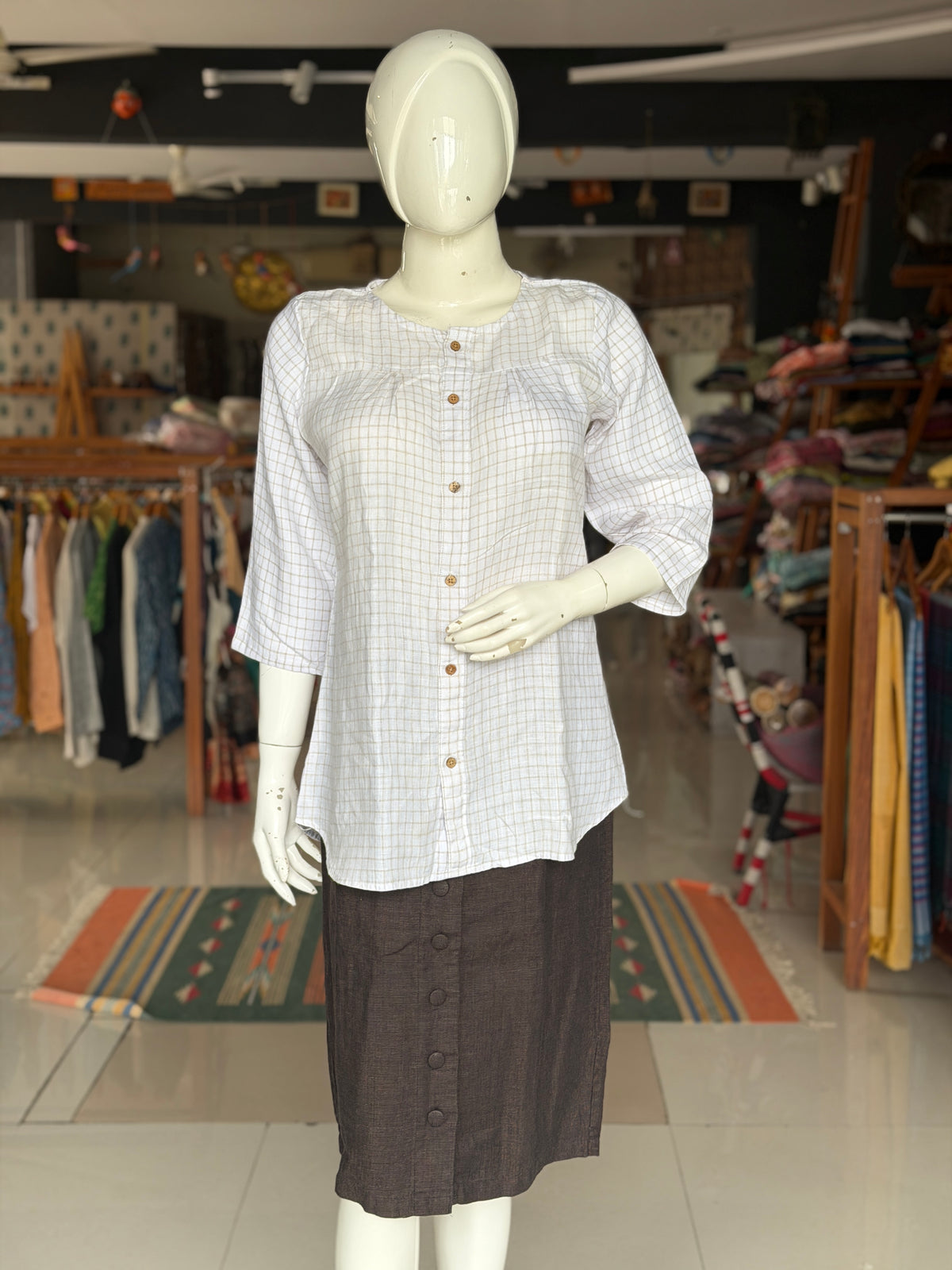 White with light brown checks hemp buttoned top