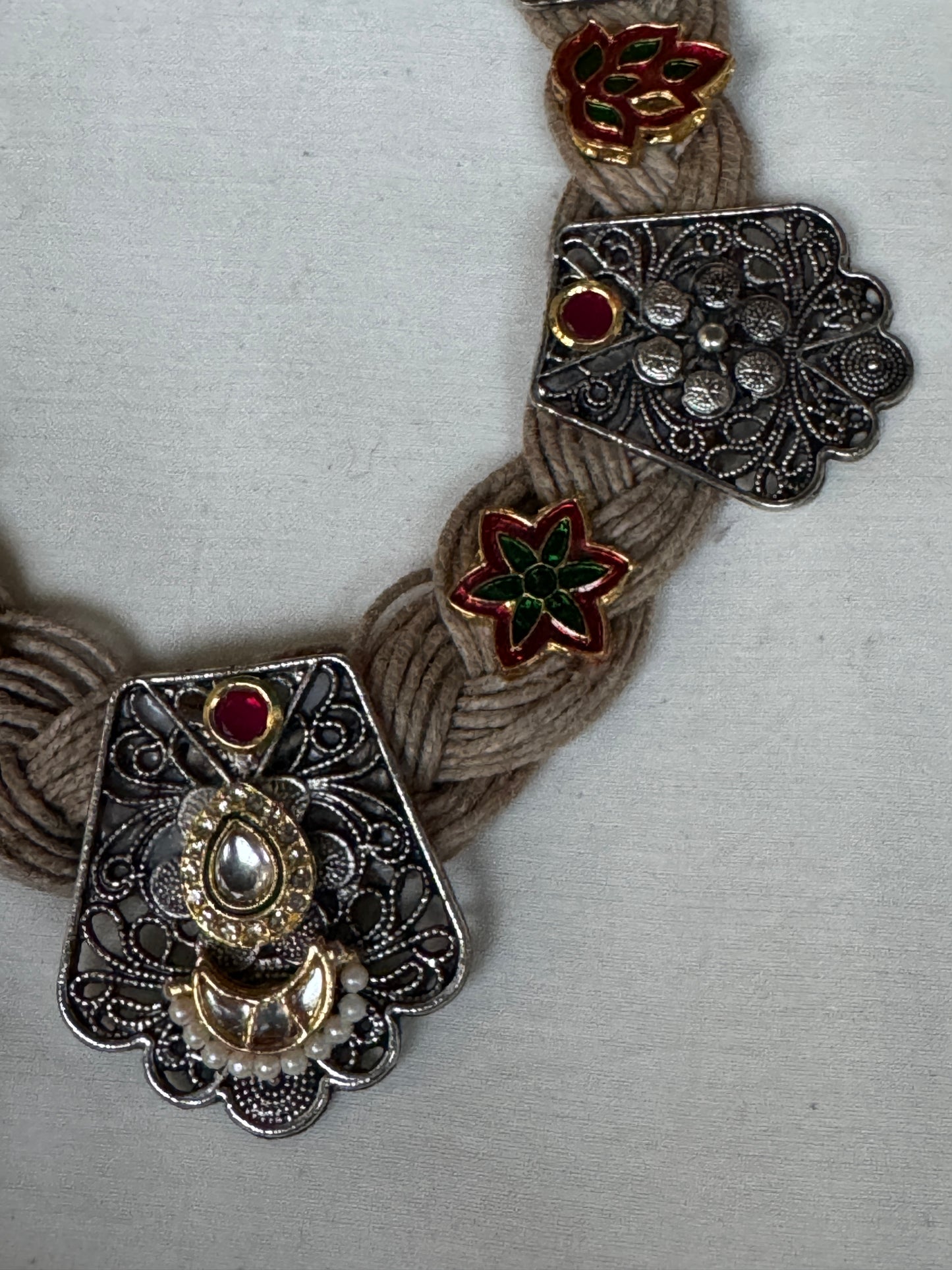 Jute braided chain with dual plated brass motifs necklace