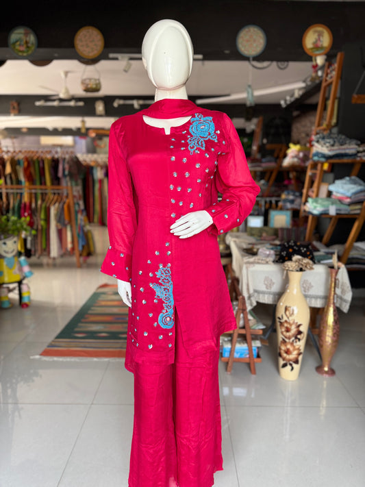 Hot pink wrinkled georgette embroidered 3 piece suit set - festive wear set