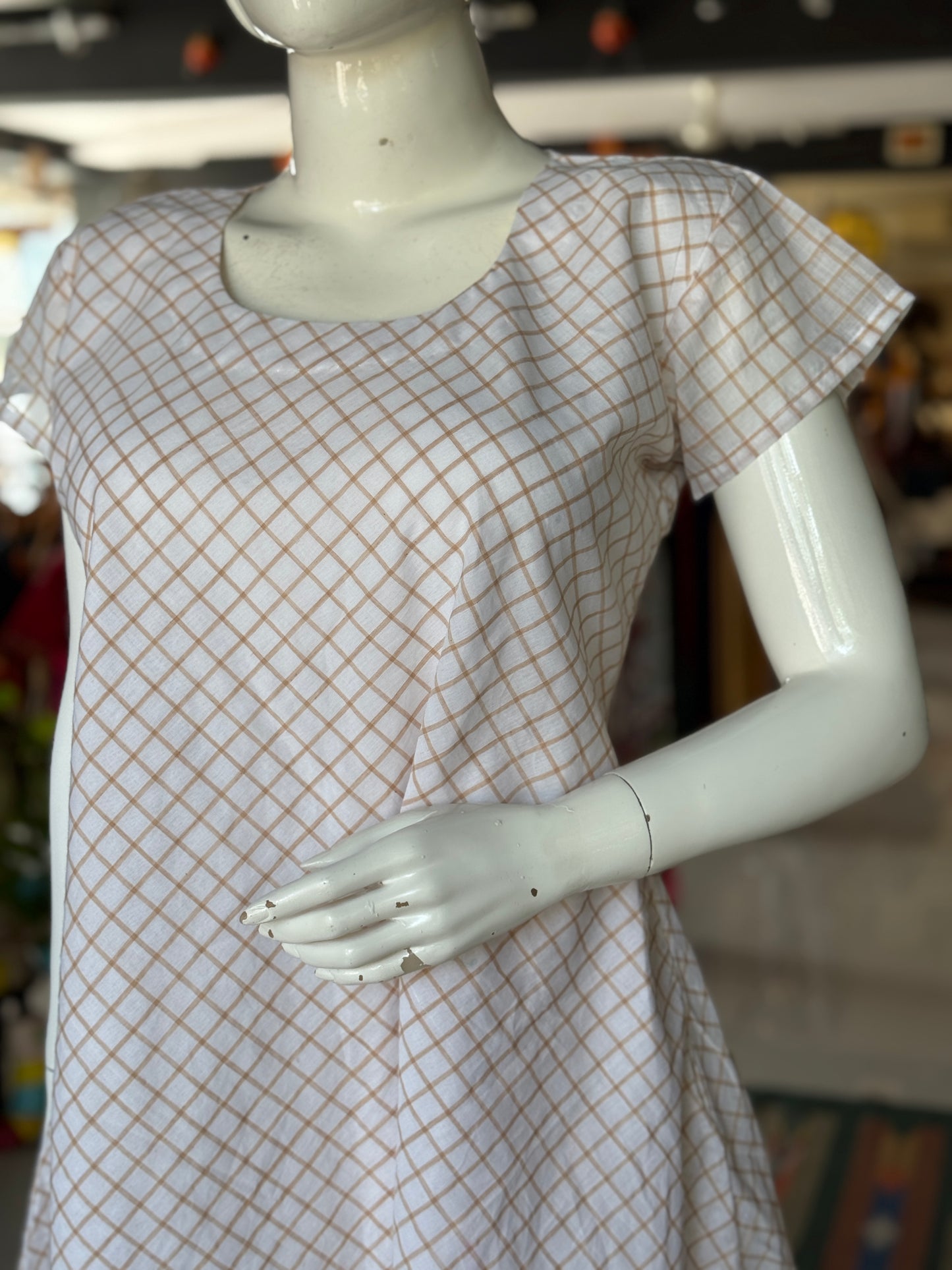 White n brown handwoven cotton dress with hand block printed hem