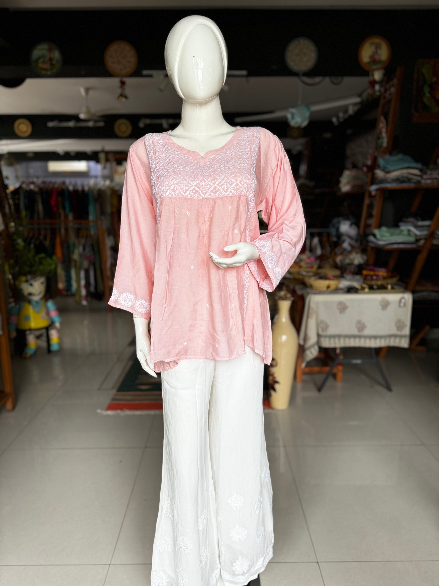 Peach Chikankari hand embroidery tunic on muslin