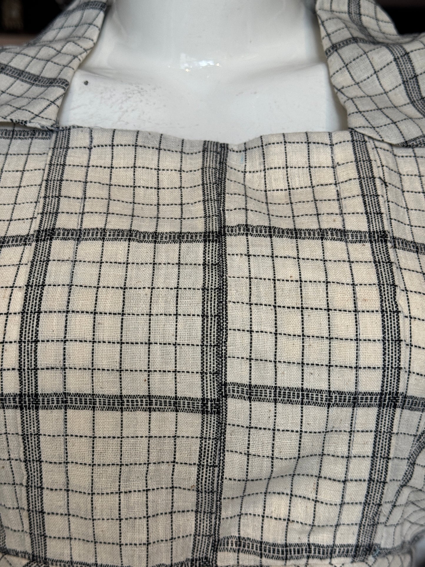 Off white checks kala cotton, handwoven dress with collared square neck
