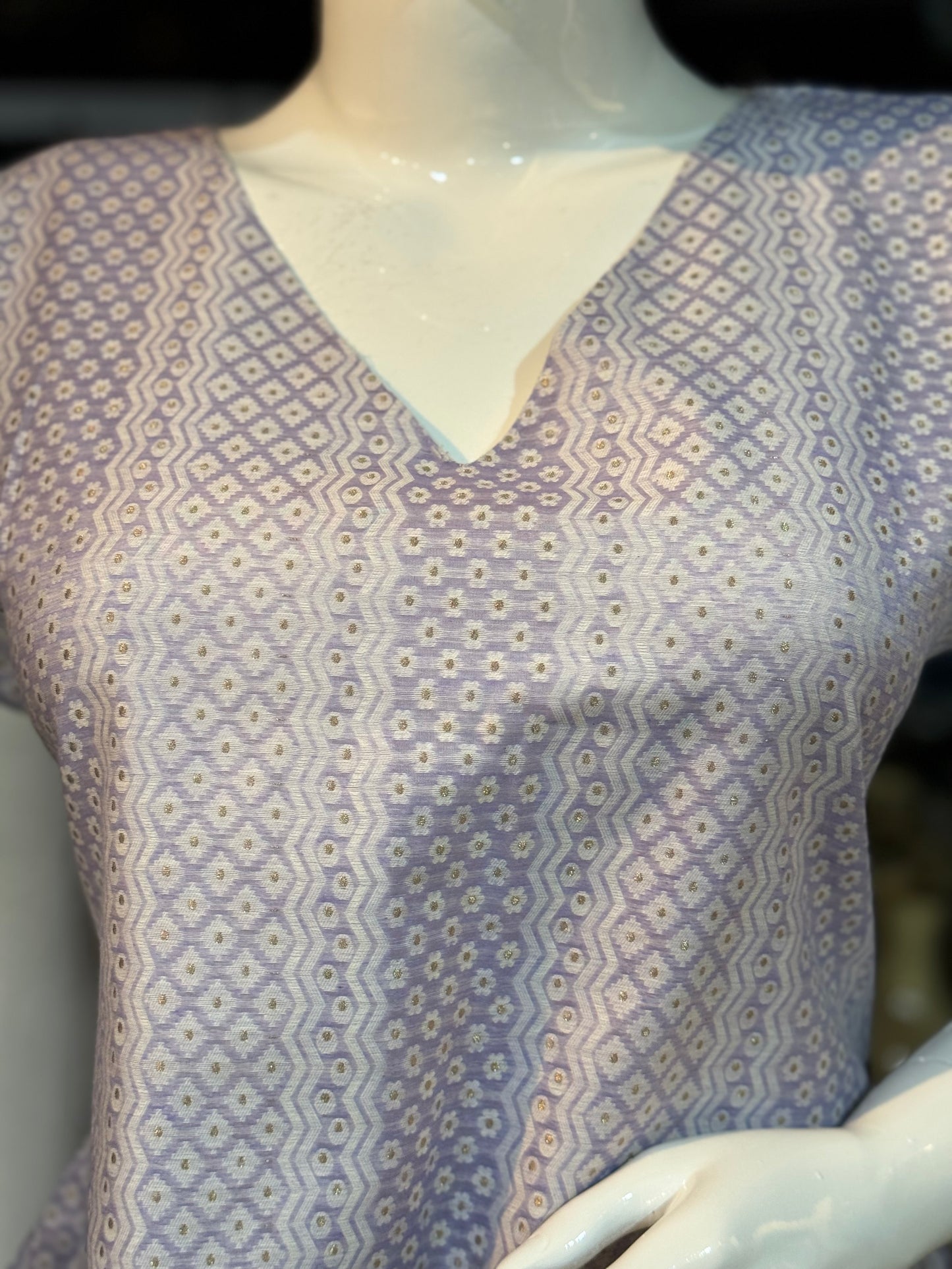 Lavender silk cotton Banarasi tunic top with shoulder sleeves