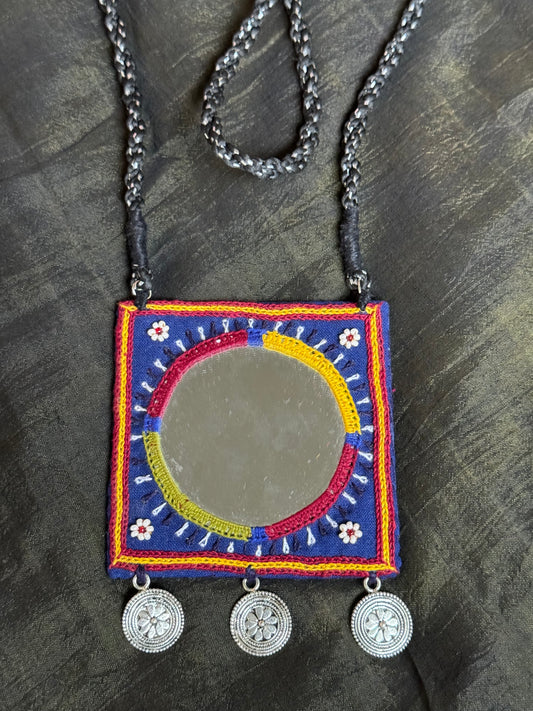 Blue light weight fabric neckpiece with tribal hand embroidery, mirrors and coins