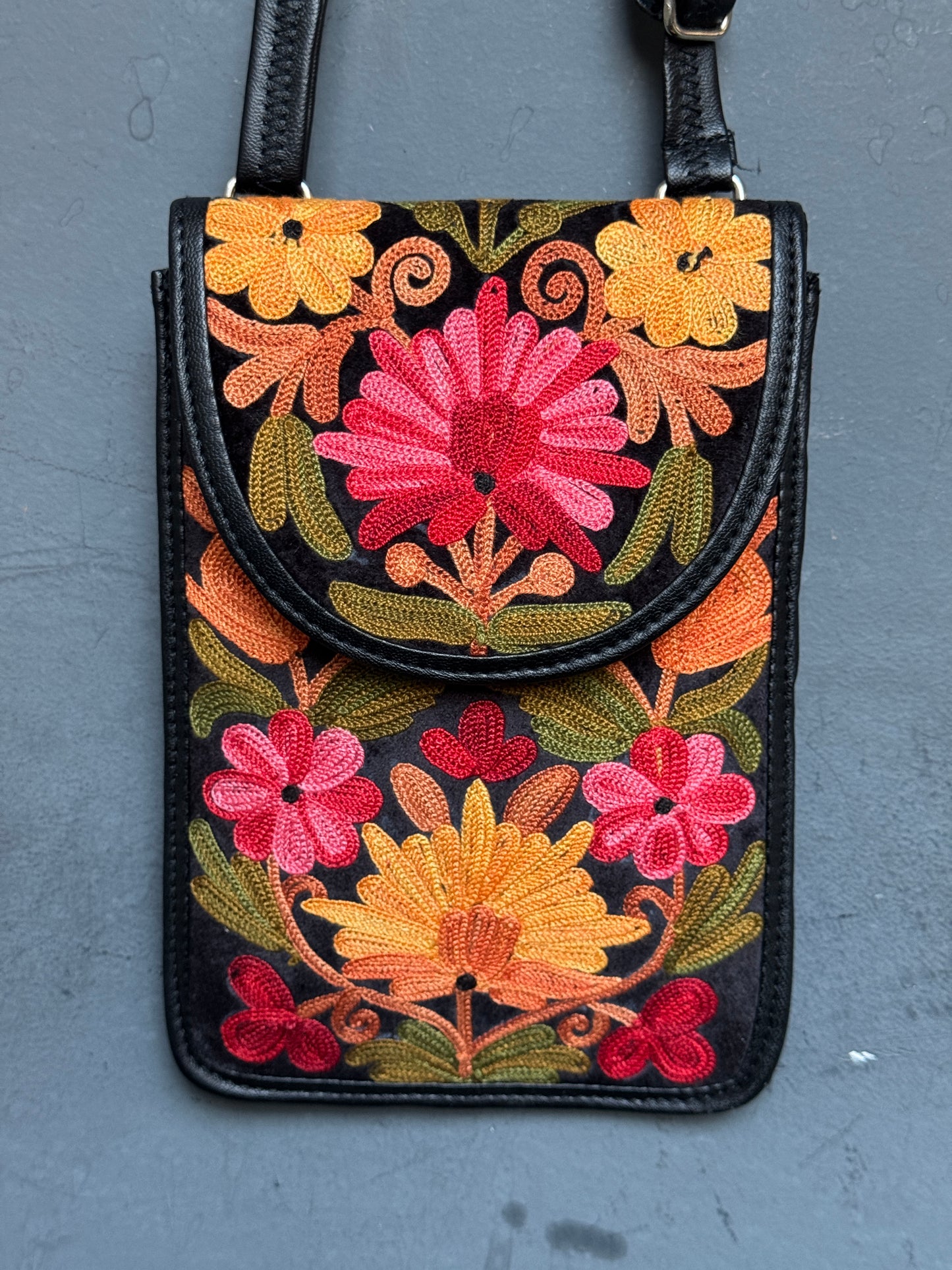 Mobile phone sling pouch - Kashmiri floral Aari embroidered with adjustable length strap and zippered back pocket - colors available