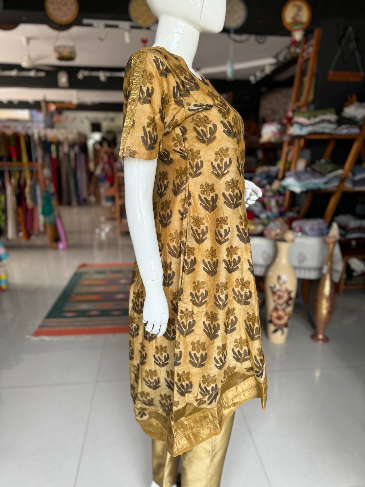 Olive green Vanaspati handblock printed Chanderi dress Kurti