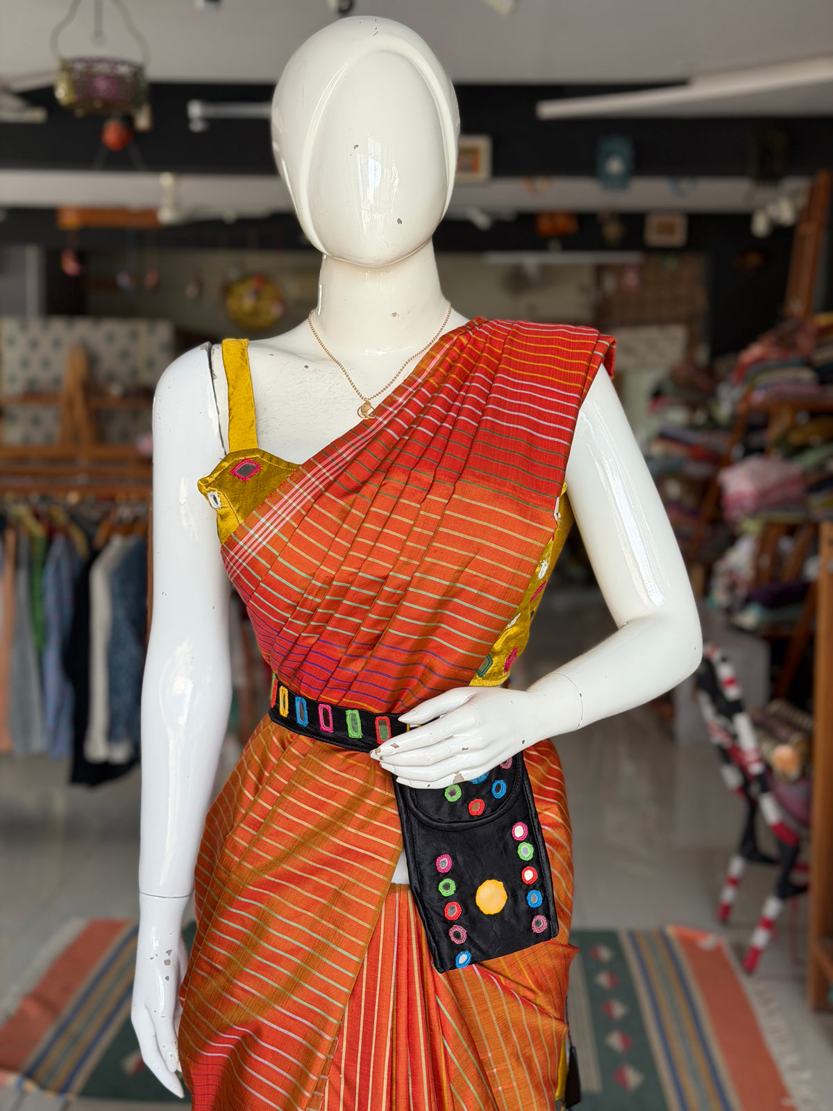 Mashru belt with attached phone pouch - hand embroidered mirror work