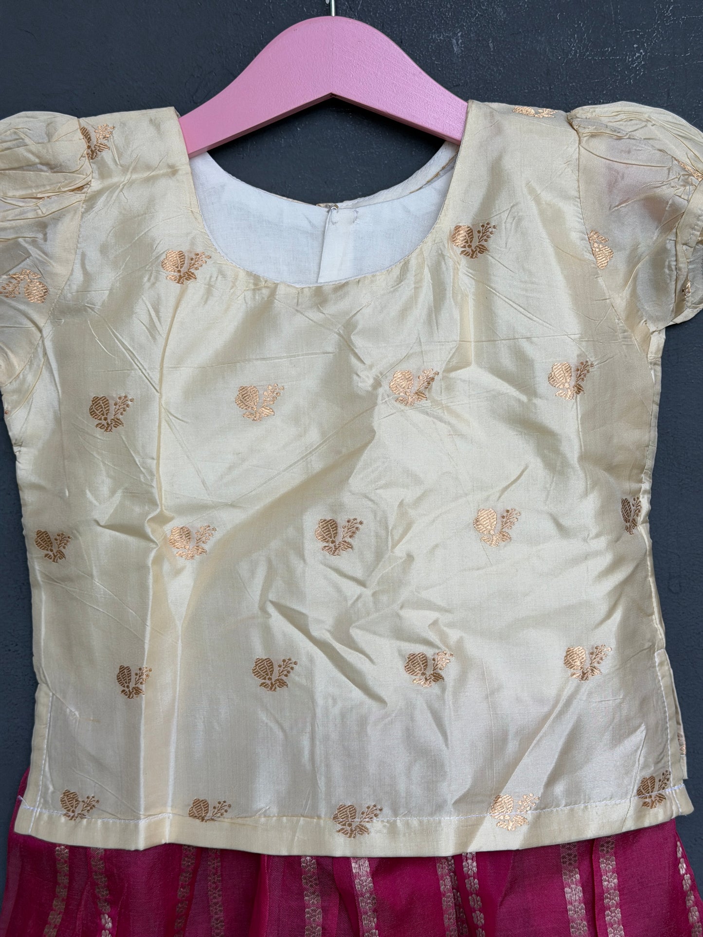 Pink with Zari stripes and cream blouse handwoven pure silk lehenga (pattu langa jacket) blouse set
