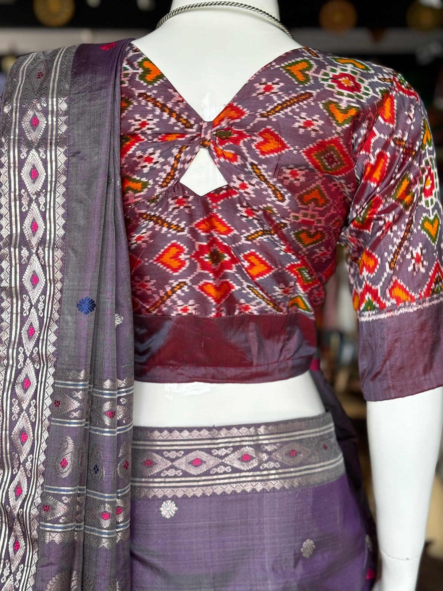 Lavender silk Ikat handloom elbow sleeves blouse with front buttons and back detailing