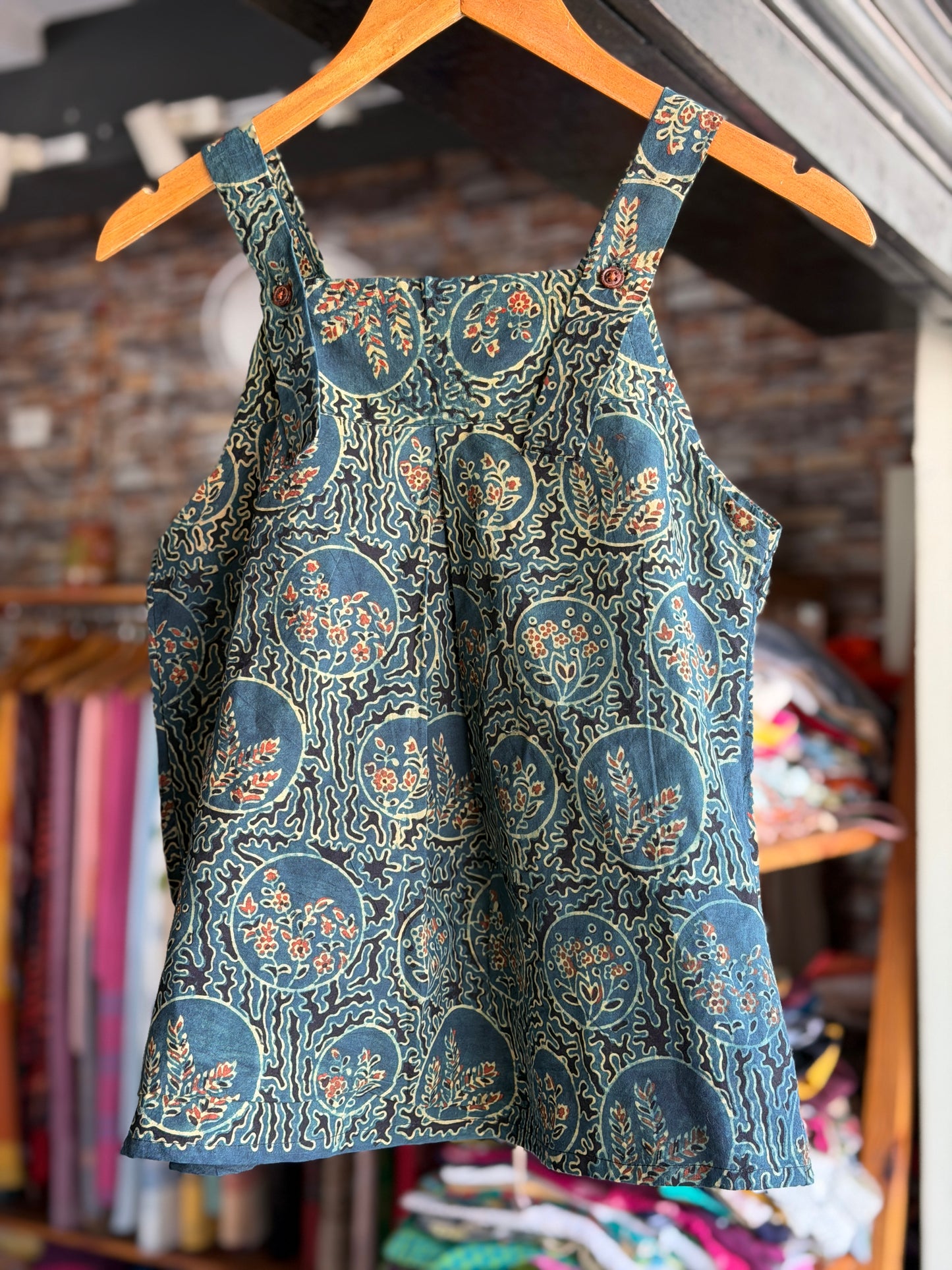Green cotton Ajrakh hand block printed strappy top