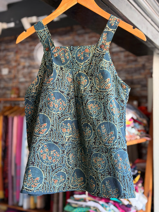 Green cotton Ajrakh hand block printed strappy top