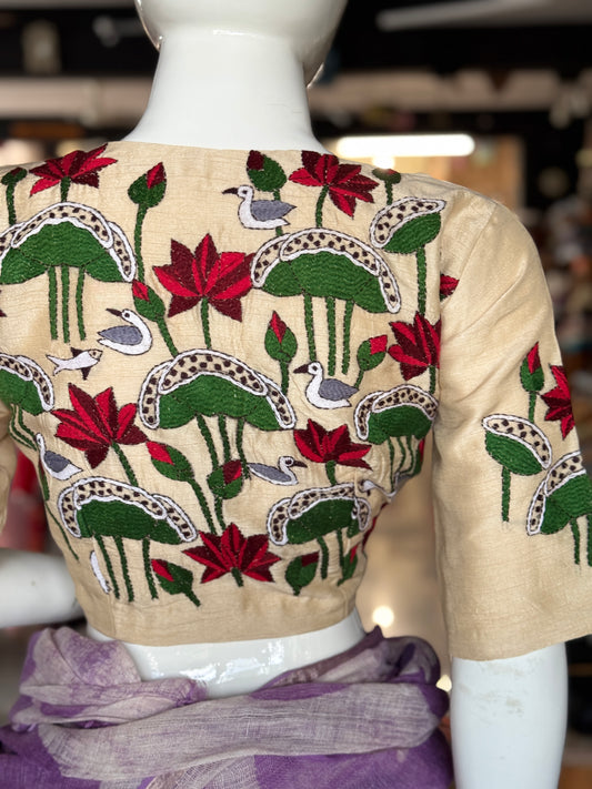 Cream lotus, fish n birds design Kantha hand embroidered silk blouse
