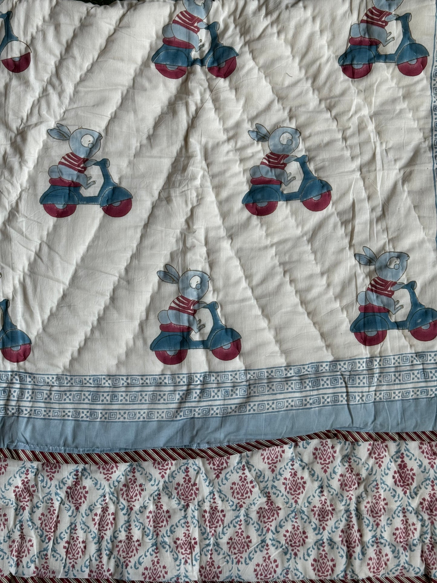 Rabbit on a scooter cute hand block printed reversible cotton quilts / play mats for children