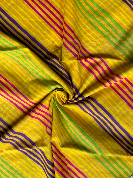 Yellow colourful lehariya design screen printed cotton fabric