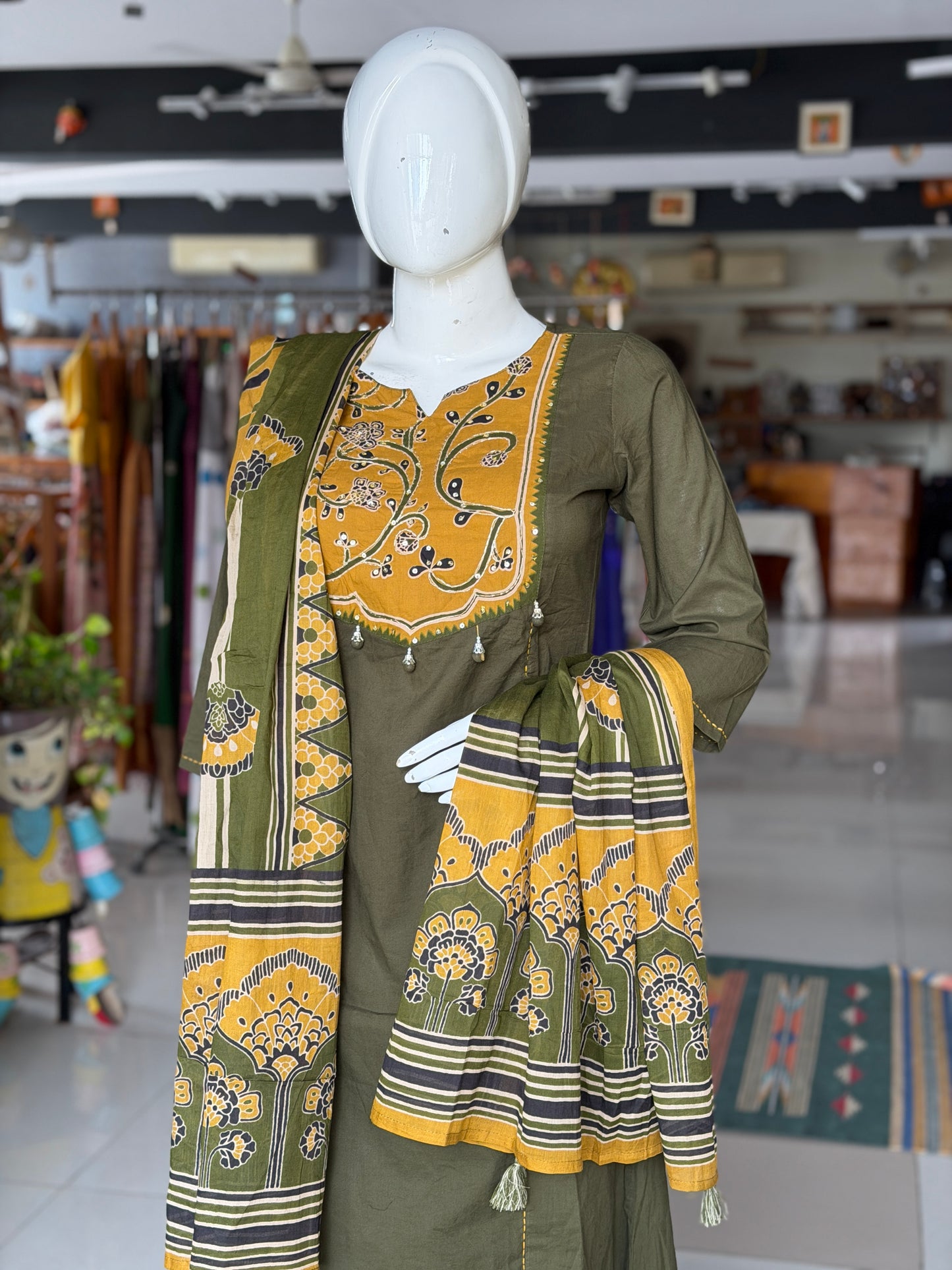 Green patch work straight cut kurti, pants and dupatta - 3 piece set