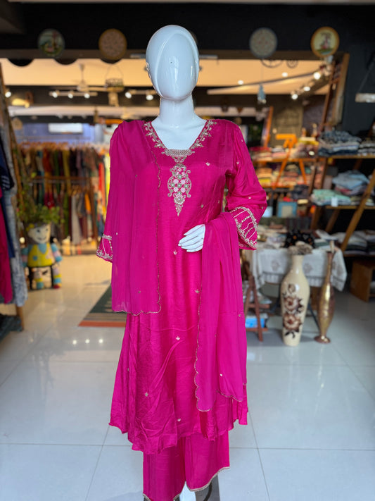 Bright pink dola silk hand embroidered 3 piece suit set with organza dupatta - festive wear set