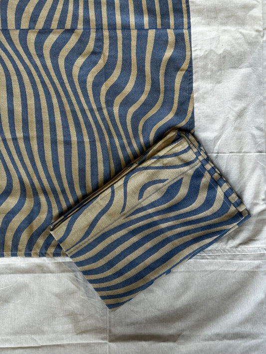 Waves - blue beige textured cotton bedsheet with cream attached border - 98 x 110 inches