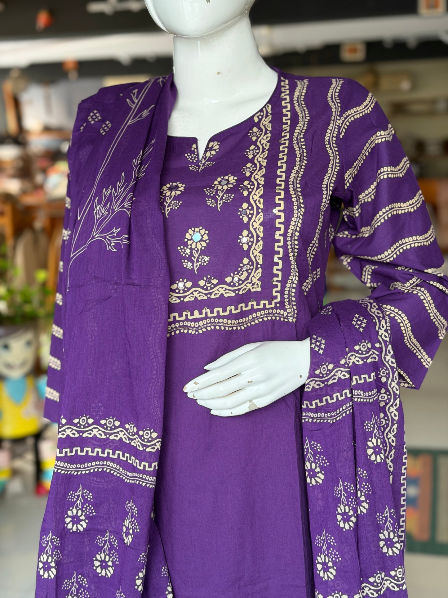 Violet tree print straight kurti, pants and dupatta - 3 piece set