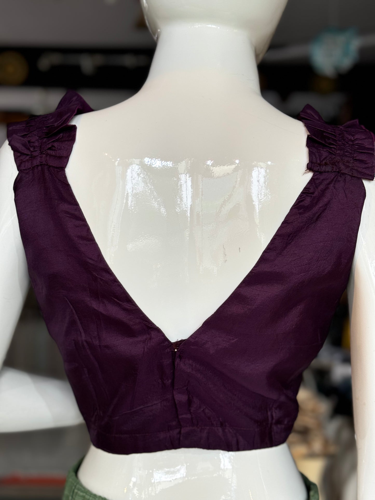 Wine tone mulberry silk crop top / blouse with ruffled elasticated shoulder straps