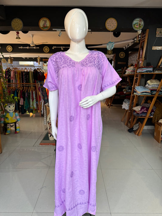 Purple Chikankari hand embroidered cotton nighty