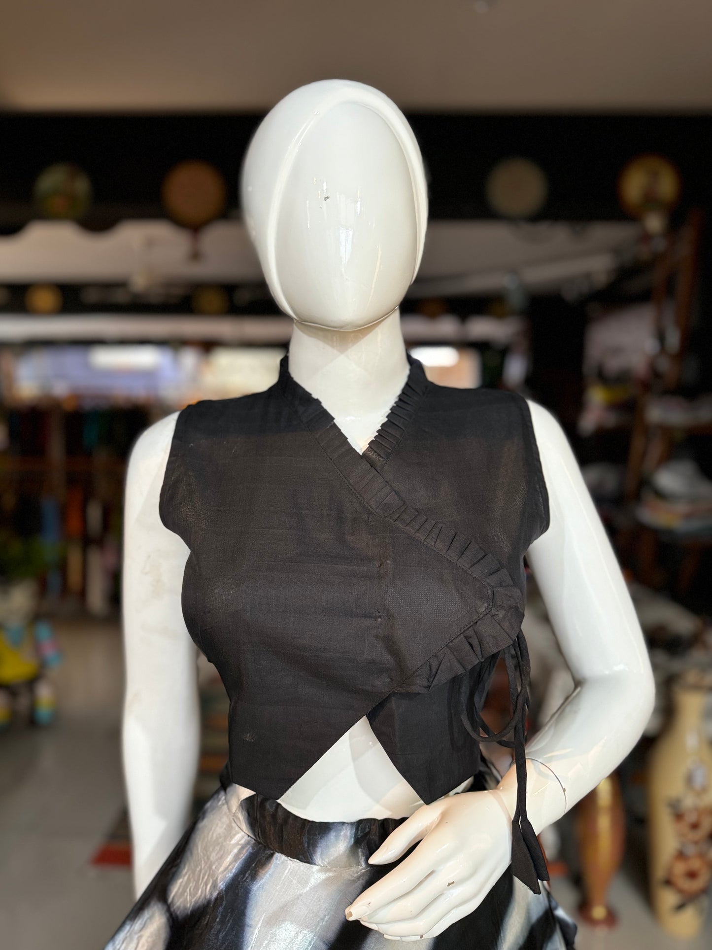 Black silk cotton handloom front open overlap style blouse with frills