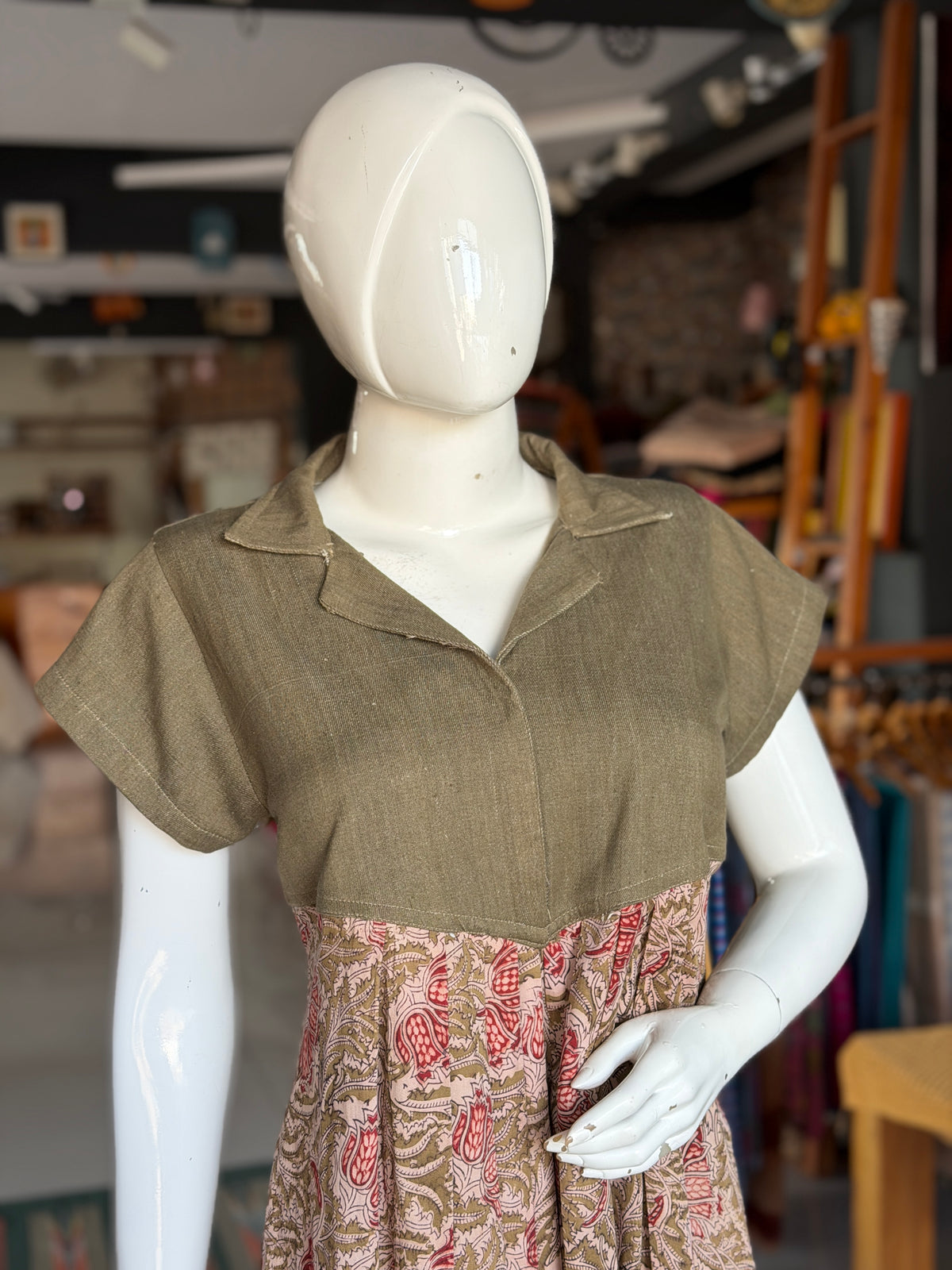 Green denim weave cotton hand woven playful shirt look dress with Kalamkari hand block prints