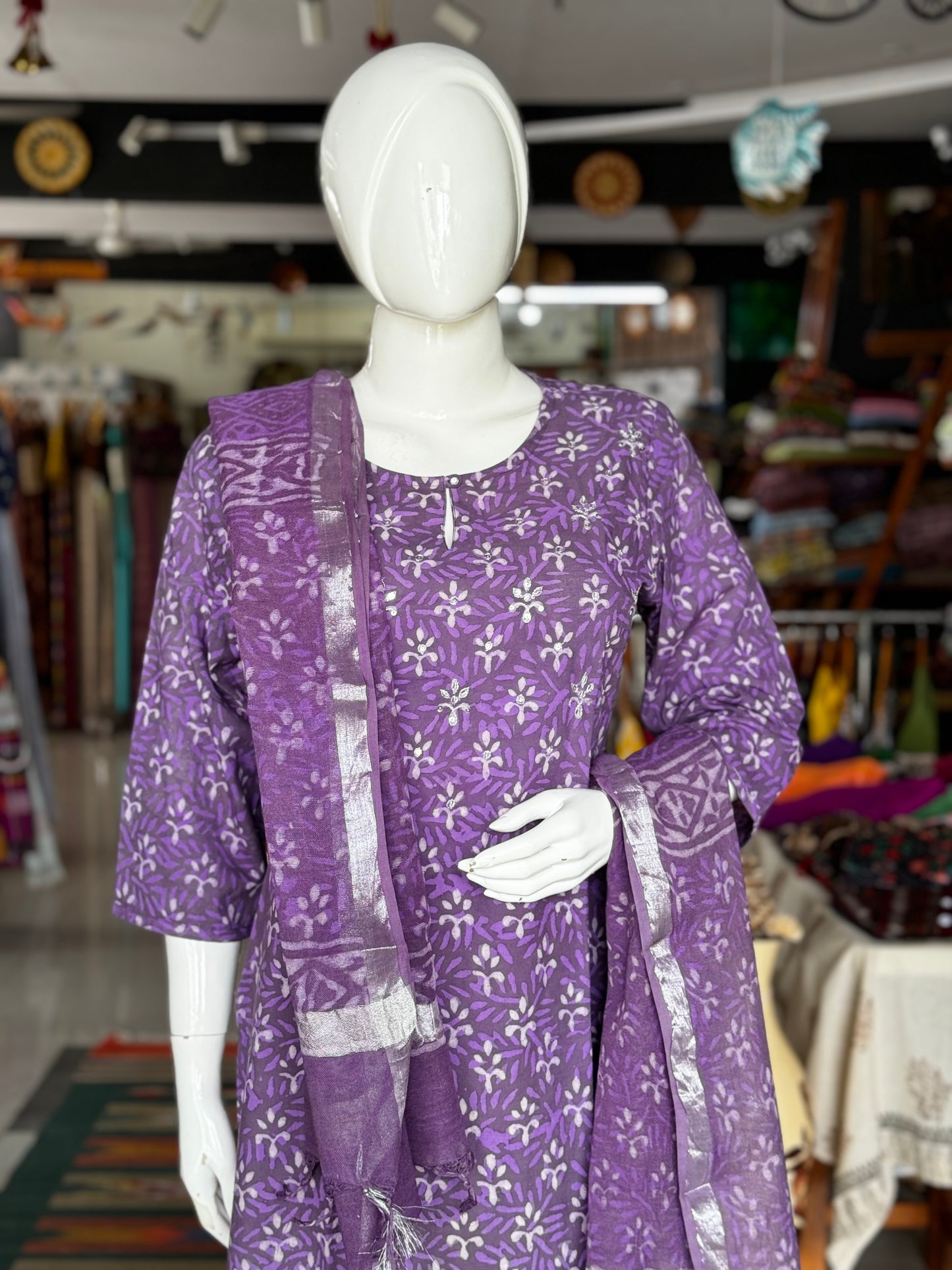 Violet hand block printed cotton straight kurti, pants and dupatta - 3 piece suit set