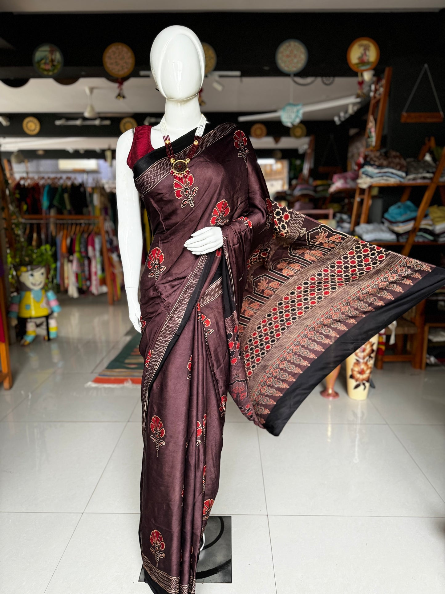 Ajrakh hand block printed soft modal saree in shades of Aubergine