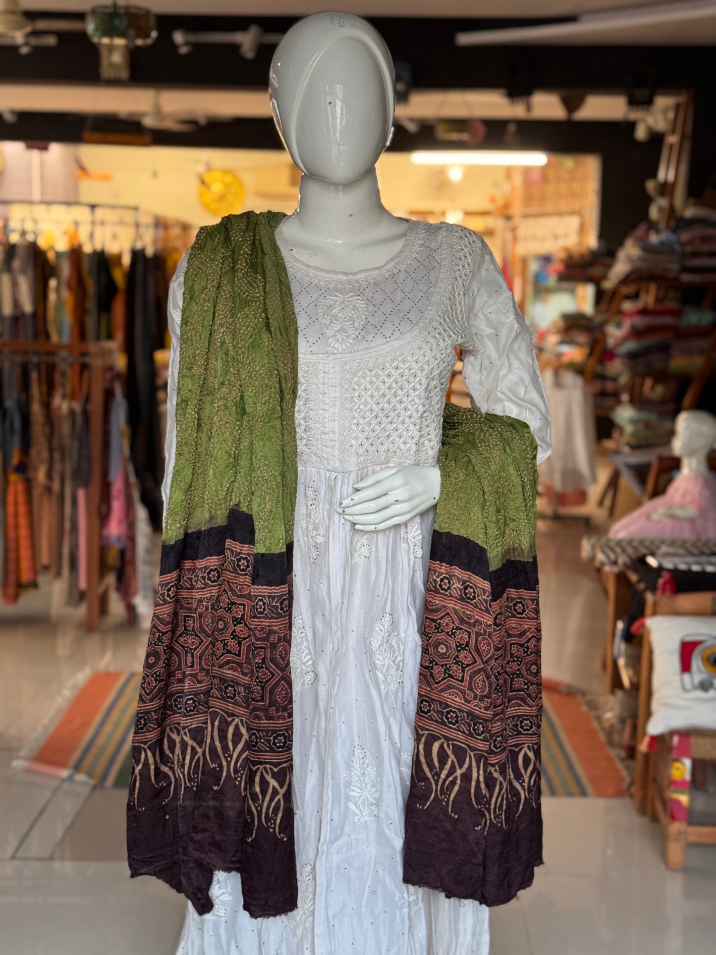 Ajrakh bandini tie dye gajji silk dupatta - fine Bandhej with hand block Ajrakh