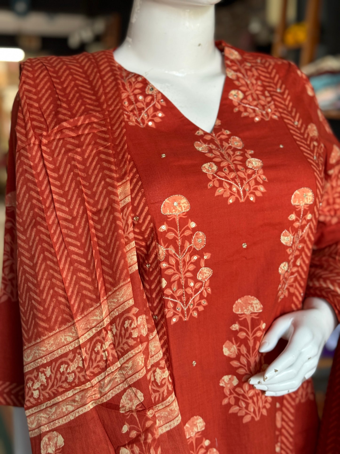 Rust orange cotton a-line kurti, pants and dupatta set - with hand embroidery and hand block print
