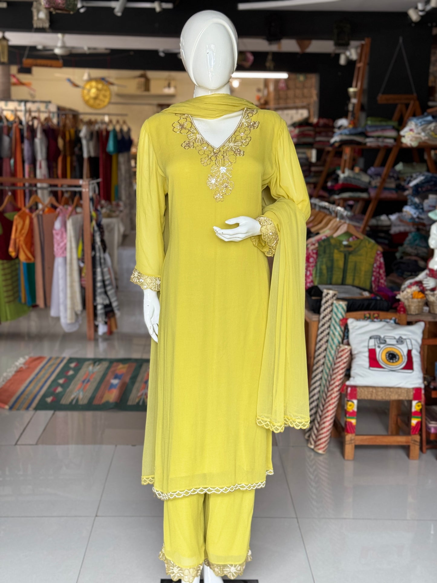 Soft georgette hand embroidered long sleeves kurti, georgette plazo and dupatta - 3 piece set - color options available