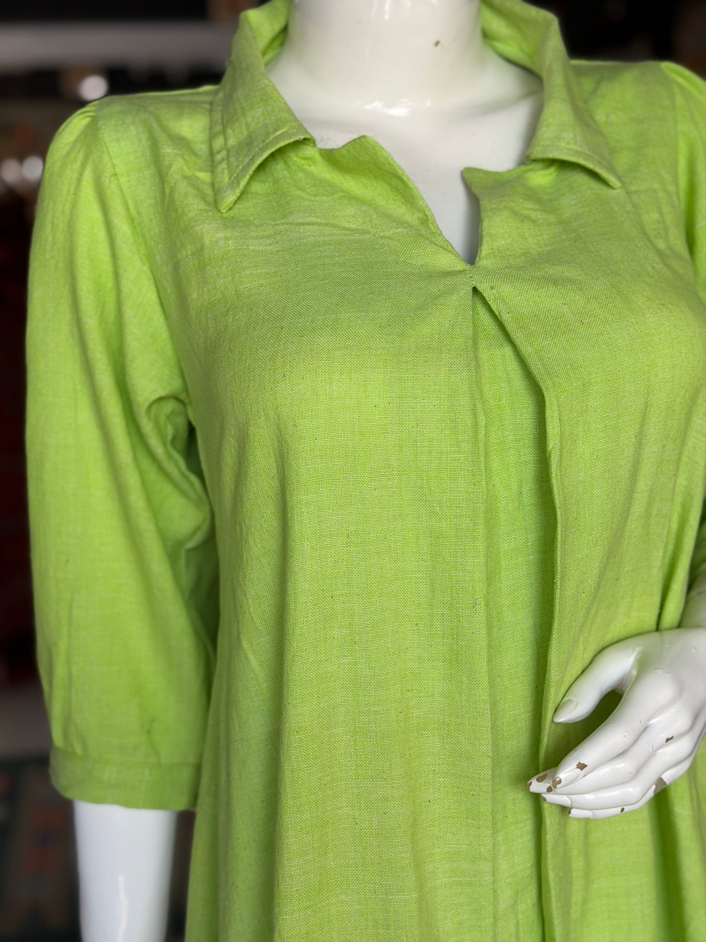 Lime green plain cotton hand spun, hand woven collared dress