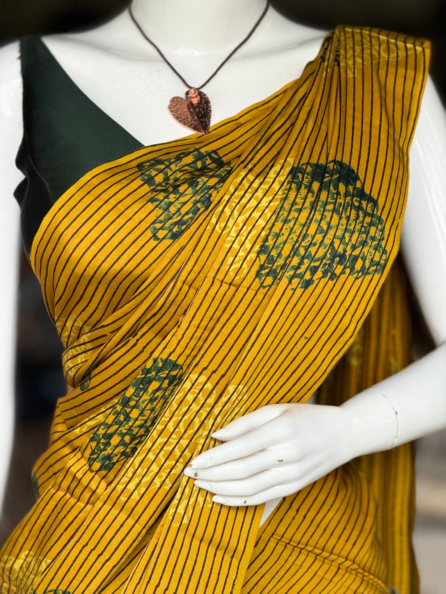 Mustard yellow soft and flowy modal yardage saree with Ajrakh block prints