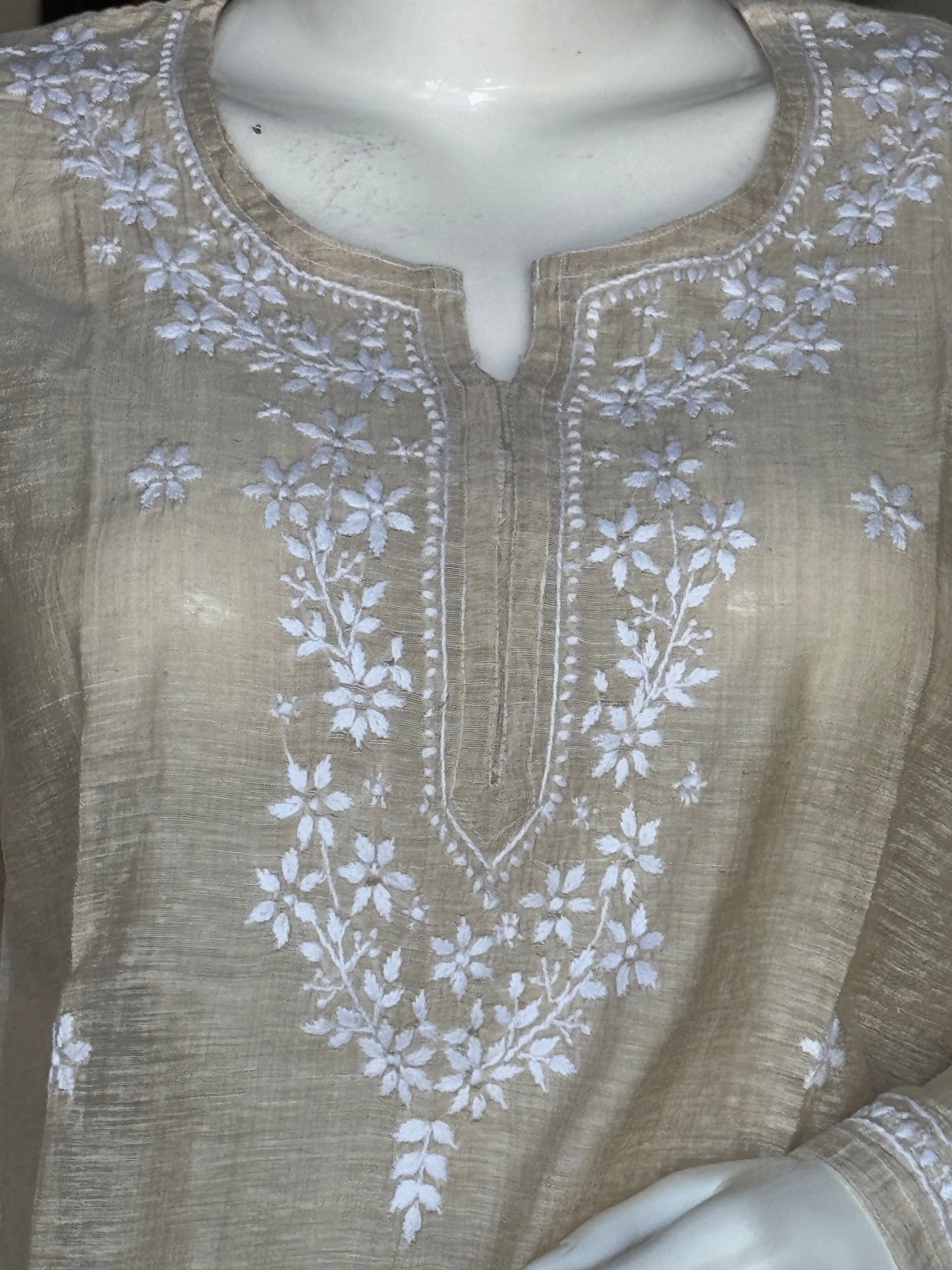 Beige Chikankari hand embroidered cotton short kurta for women