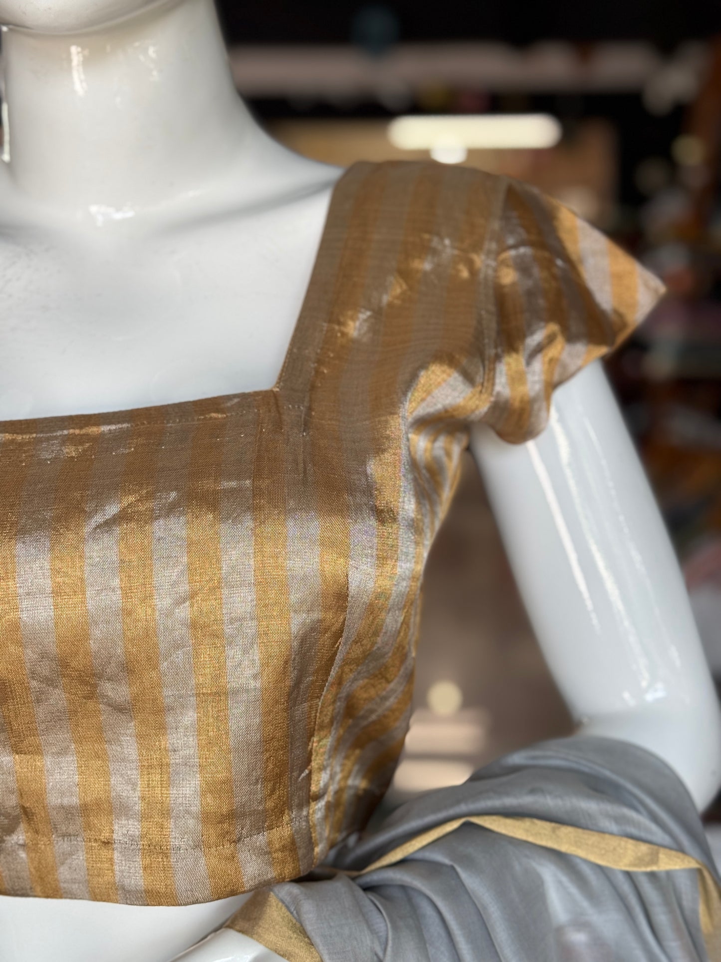 Gold n Silver stripes tissue silk Chanderi handloom blouse with square neckline and short sleeves