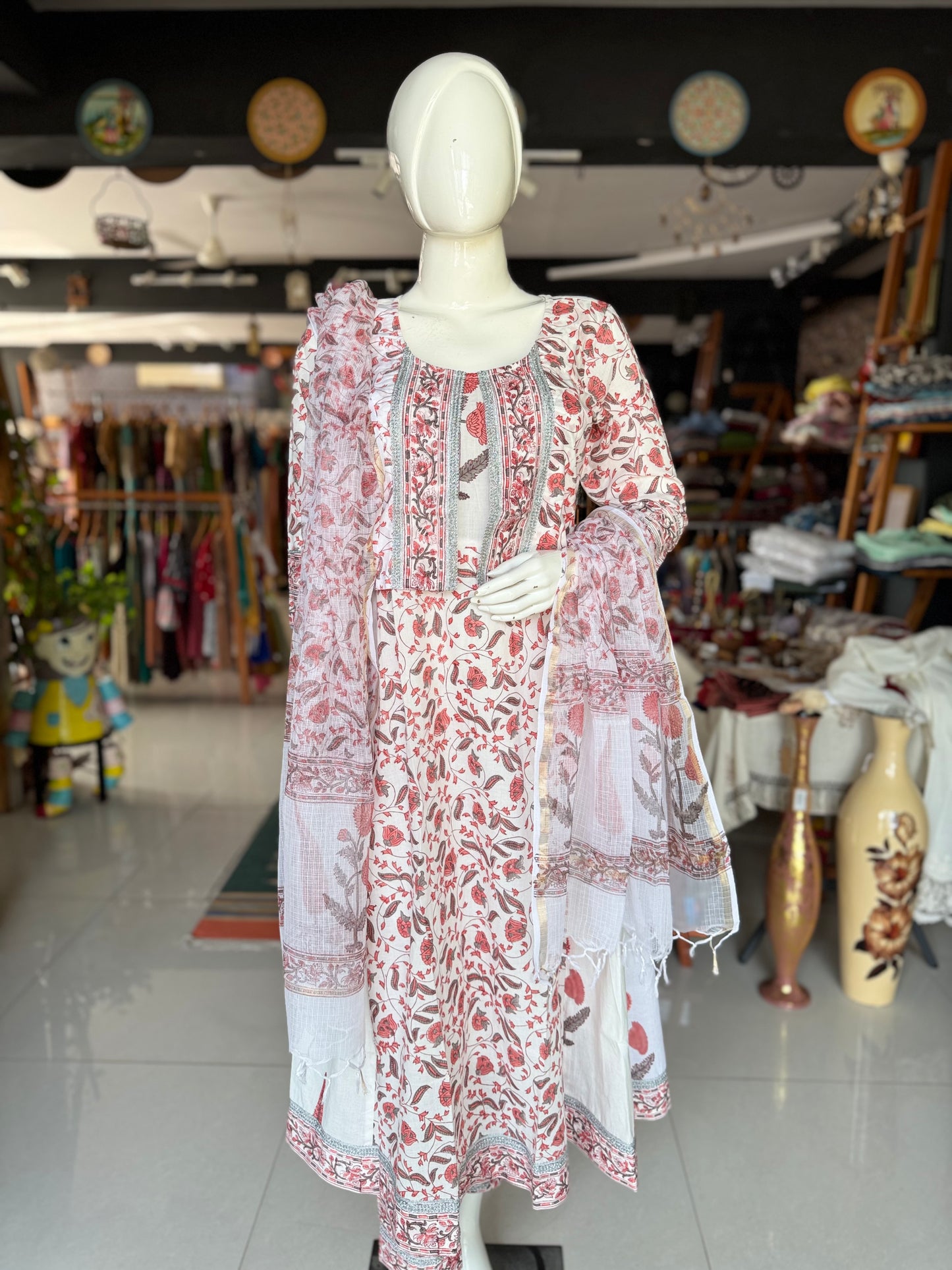 White hand block printed kalis Kurti with attached jacket, pants and dupatta - 3 piece set