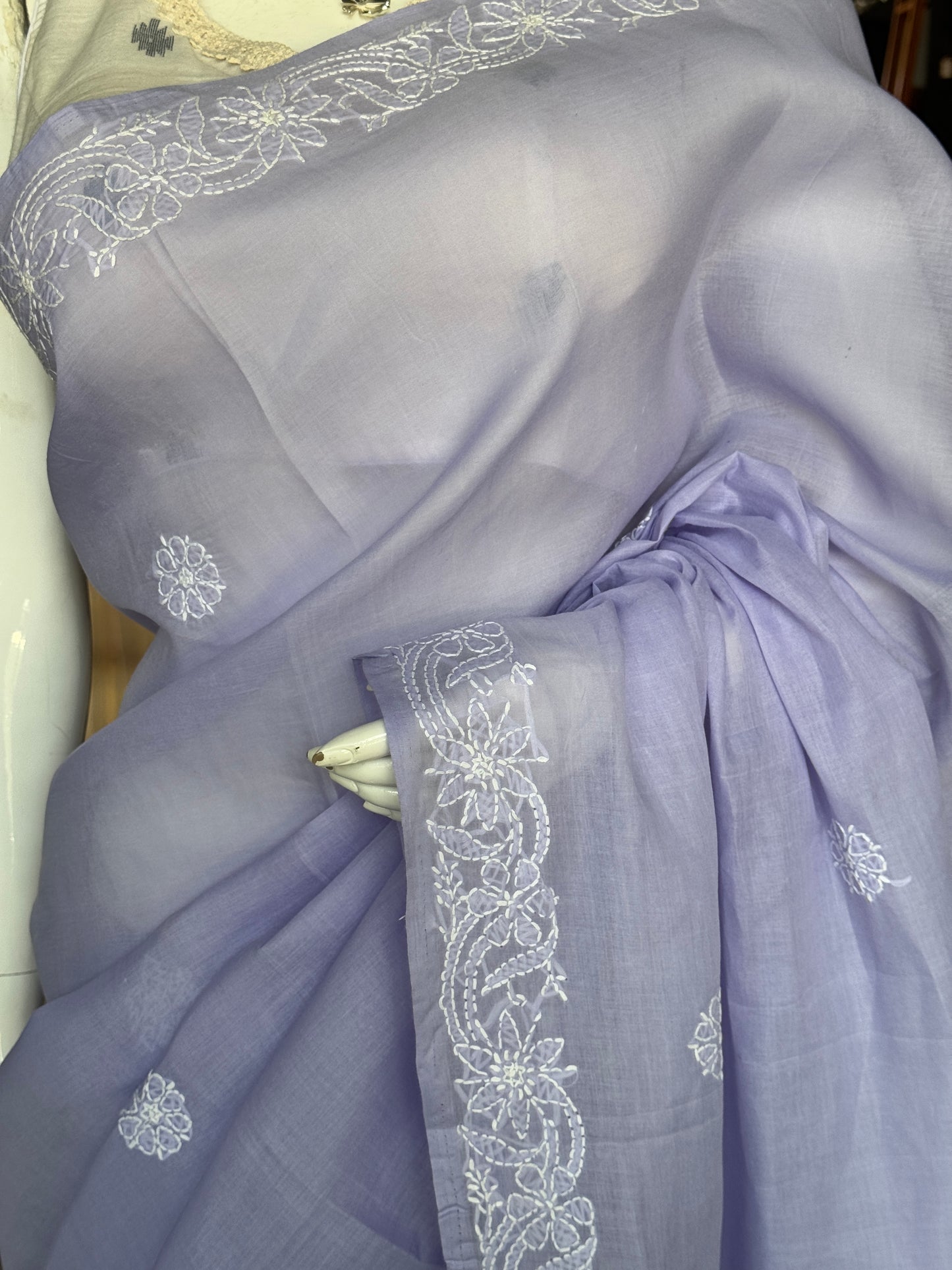 Lavendar classy hand embroidered chikankari cotton saree