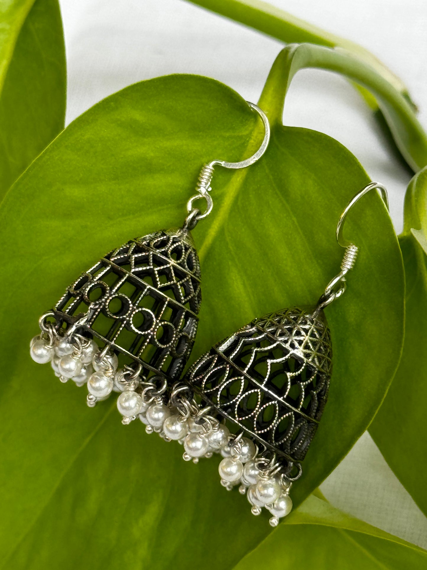 Conical shape 92.5 sterling silver jhumka hooks with pearl drops