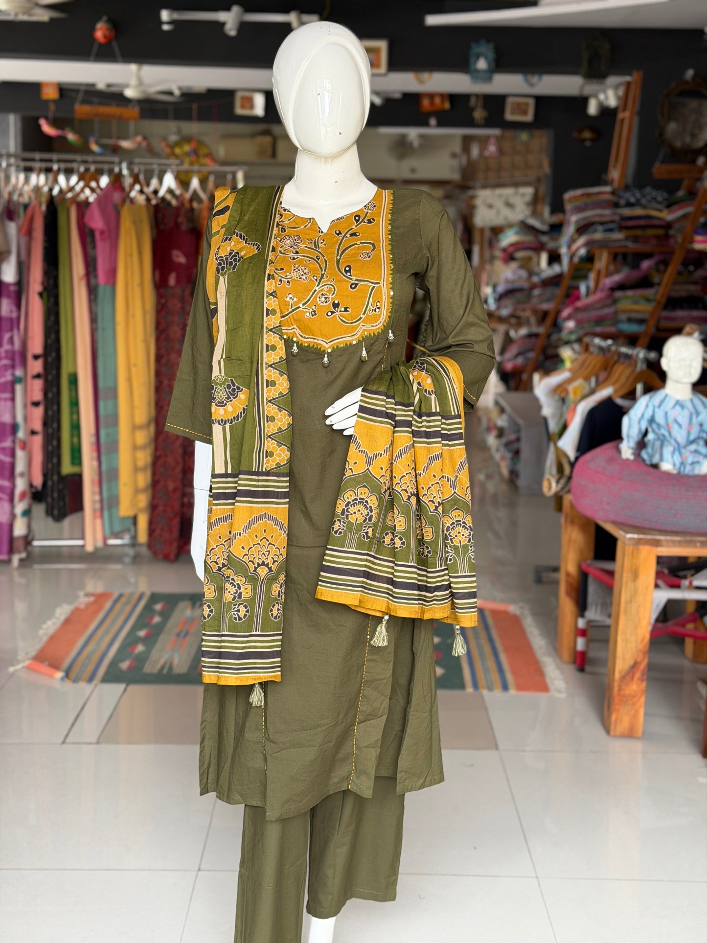 Green patch work straight cut kurti, pants and dupatta - 3 piece set