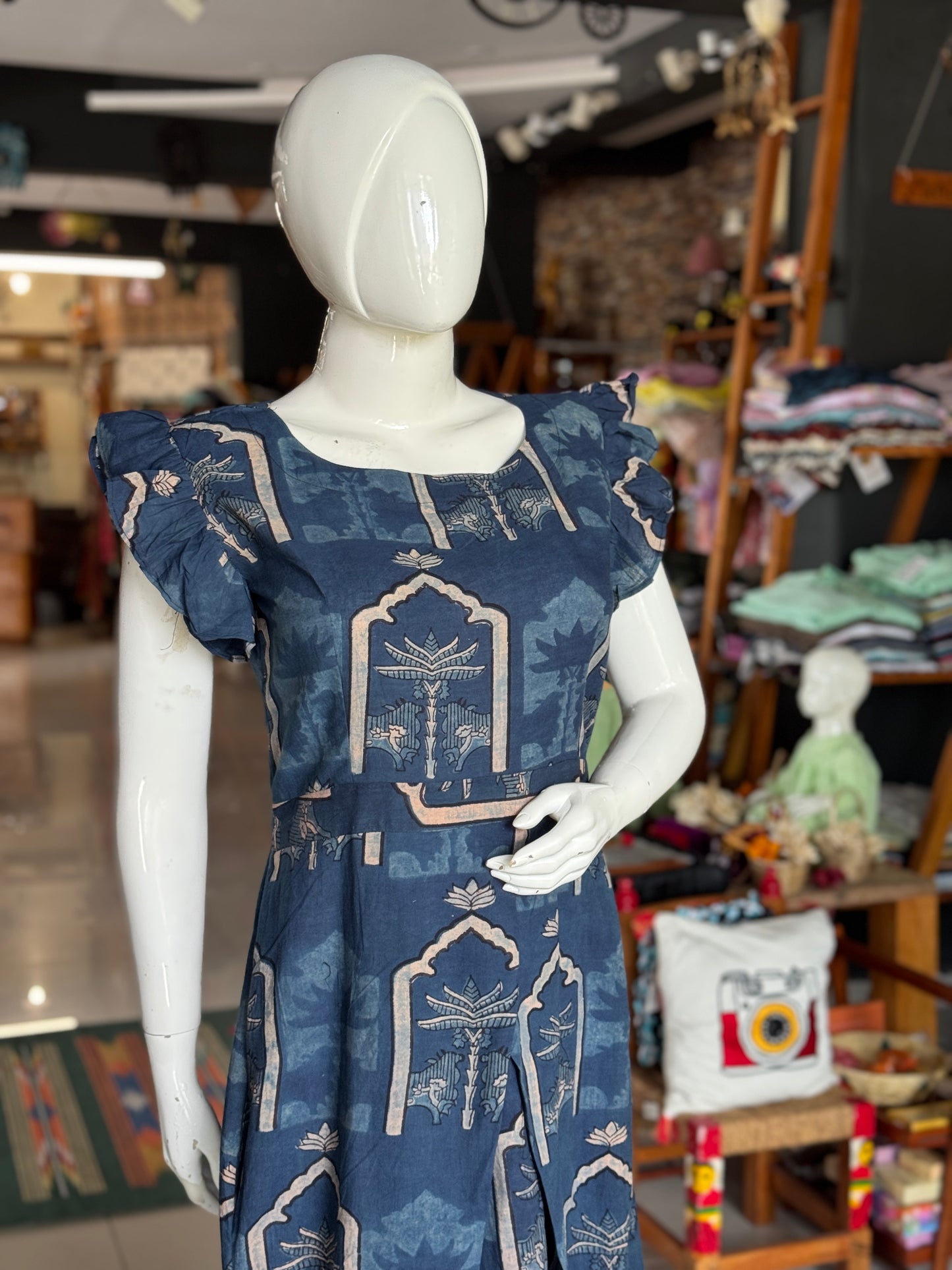 Ajrakh indigo dress - cotton, natural dyed, hand block printed with cross pleat skirt