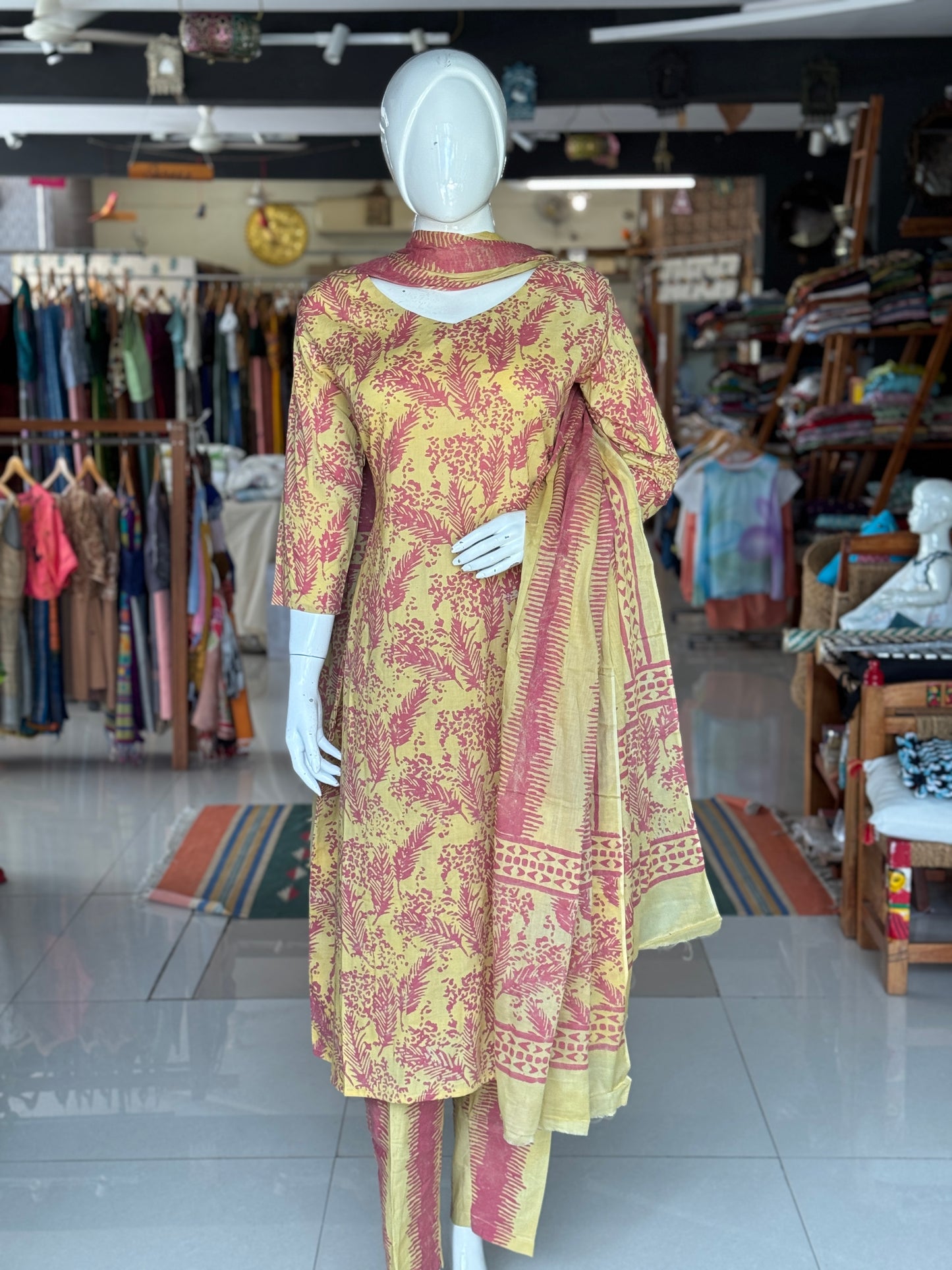 Yellow and pink leaf pattern soft batik cotton A-line kurta, dupatta and pants -  3 piece suit set
